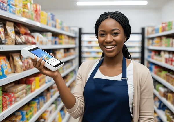 Kenyan shop owner lady smiling confidently using Devachi POS tablet