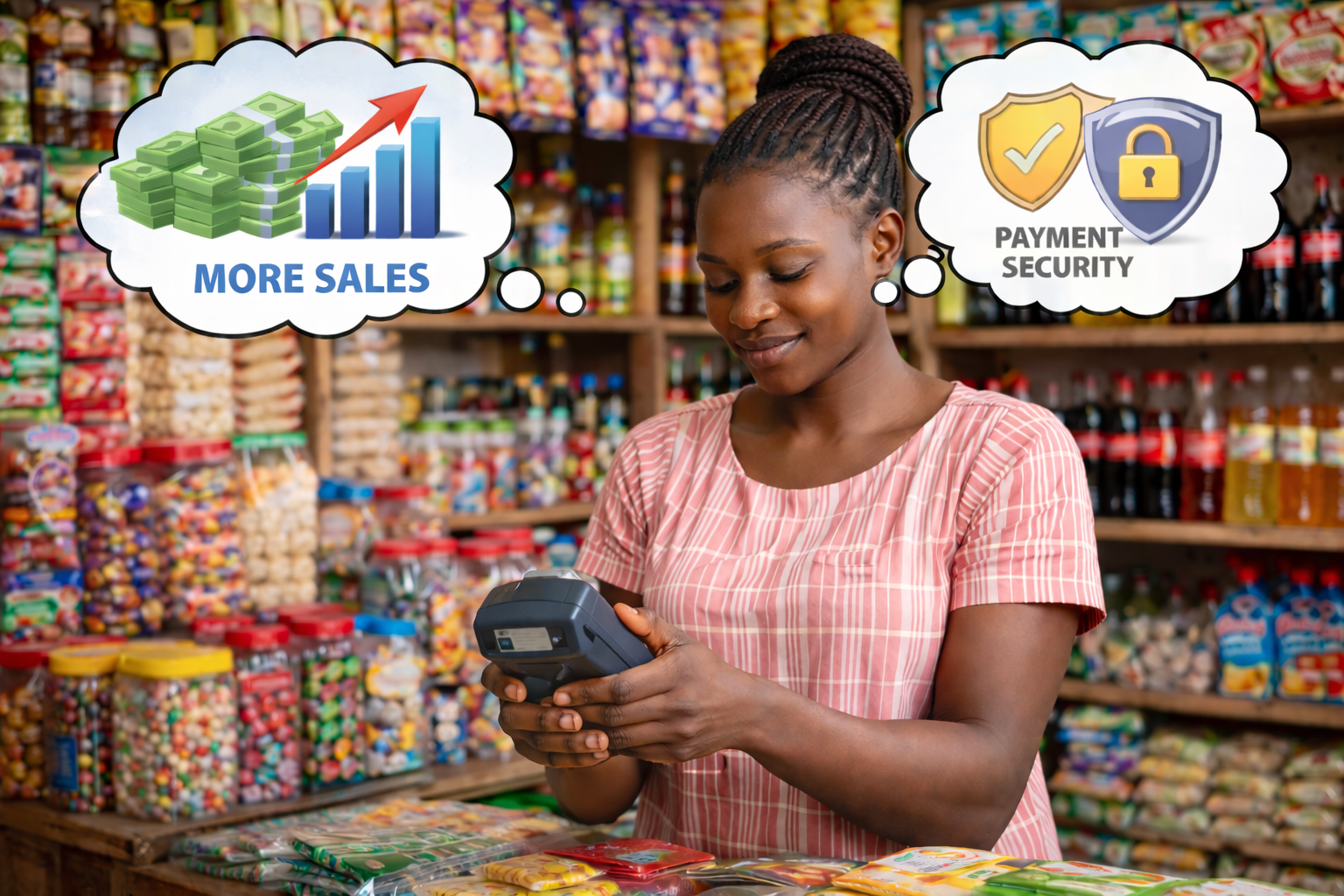 Kenyan shop owner lady using Devachi POS tablet