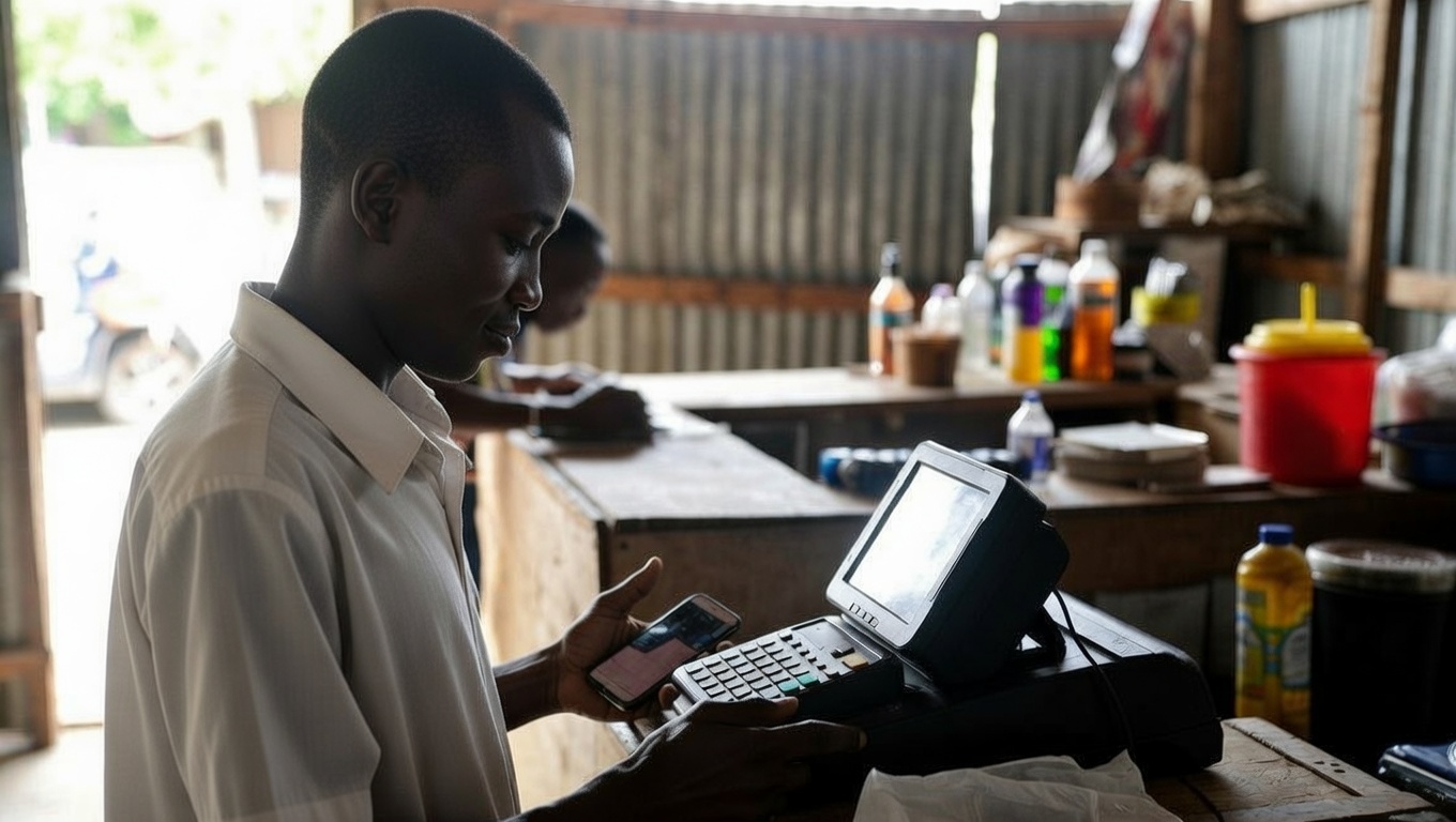 Kenyan shop owner man using Devachi POS tablet
